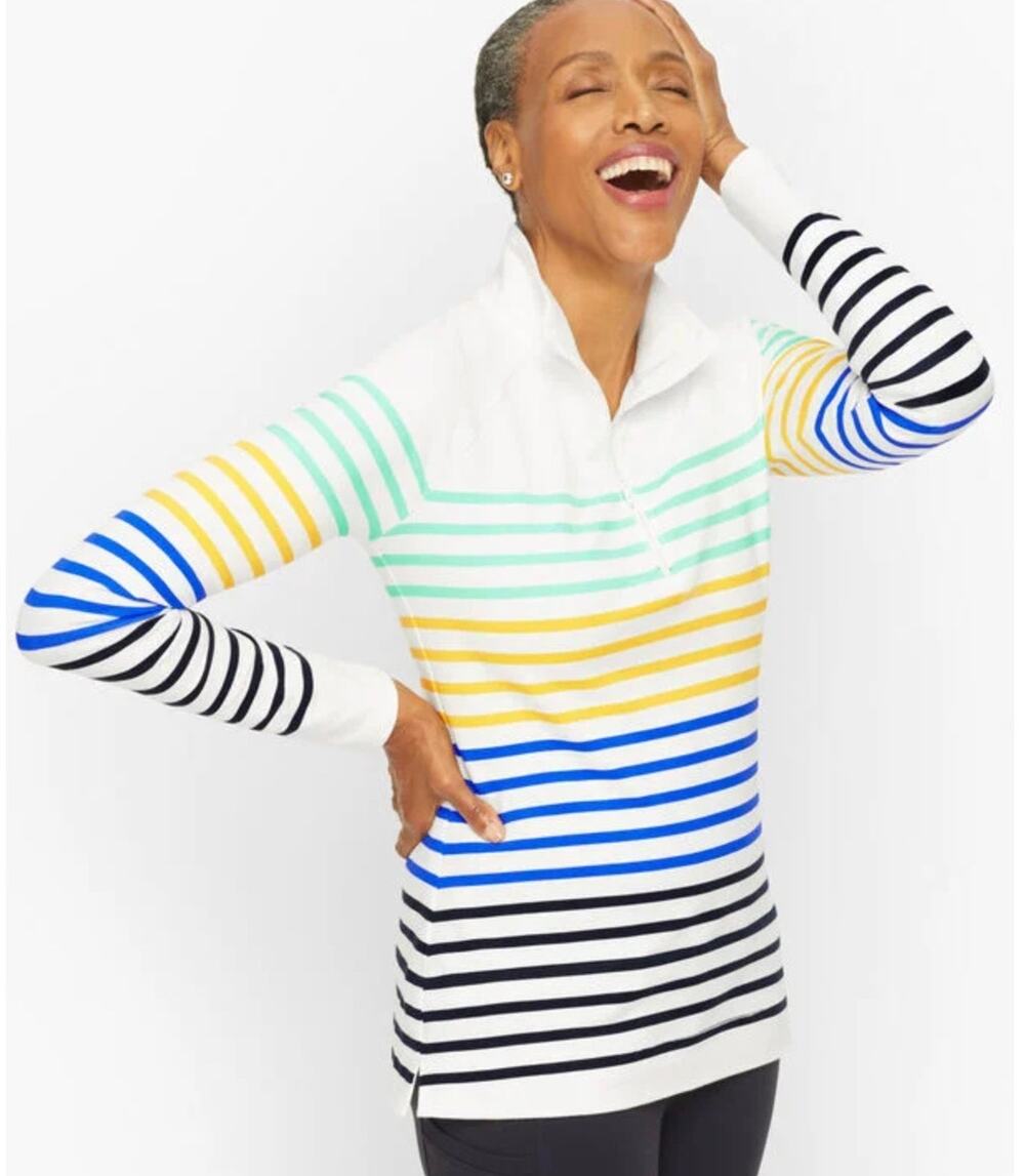 T by Talbots Womens L Petite Multicolor Stripe Half Zip Pullover Casual Top